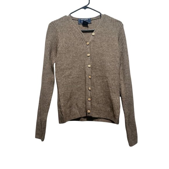 Vintage Polo Sport Wool Yak Button Up Cardigan Womens Medium Beige Fitted Preppy - Picture 1 of 12